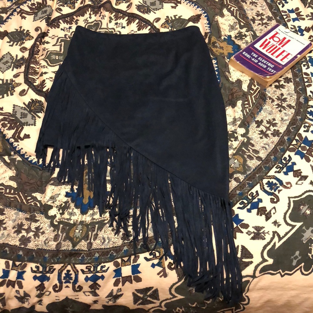 Boho Chic Navy Fringe Suede Skirt